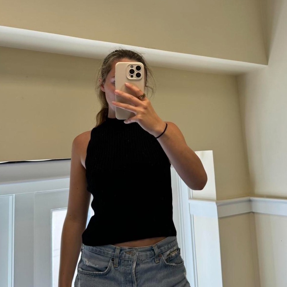 Lucy Paris Black Ribbed Mock Neck Sleeveless Knit Top Medium